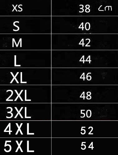 Size chart for clothing with recommended sizes and weight ranges on a black background