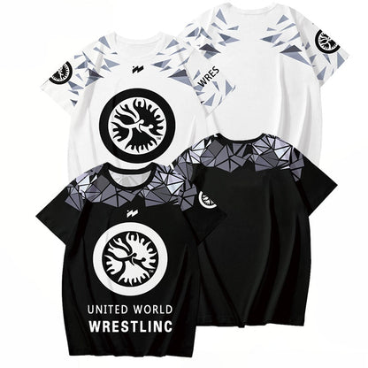 Two t-shirts, one white and one black, with a logo and text on a white background.