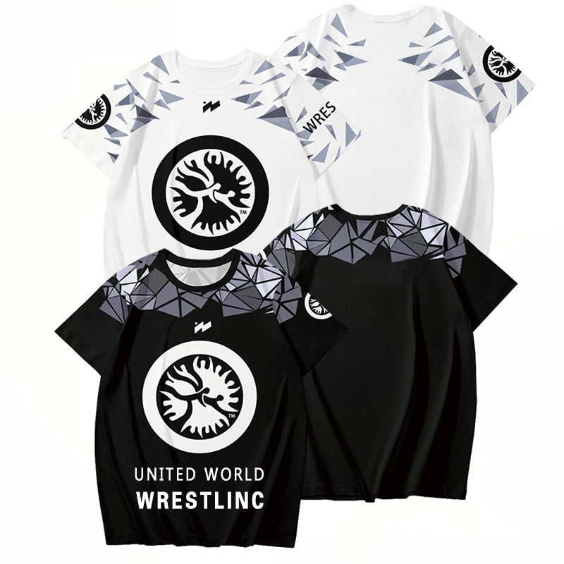 Two t-shirts, one white and one black, with a logo and text on a white background.